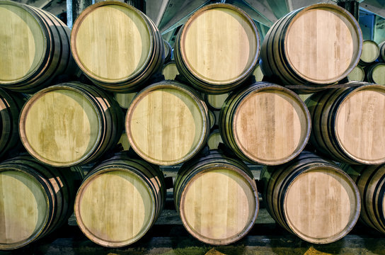 whiskey barrels in cellar