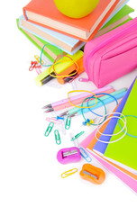 Bright school supplies isolated on white