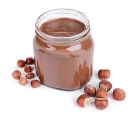Sweet chocolate cream in jar isolated on white
