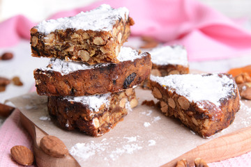 Delicious cake panforte on table close-up