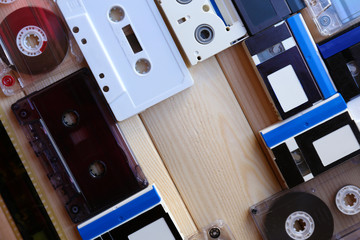 Collection of retro audio tapes, close up