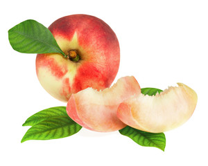 Fresh peach fruits with cut and green leaves isolated.