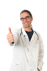 young doctor with glasses keeping upthe thumb