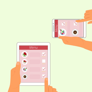 Man and woman are ordering food using gadgets in restaurant