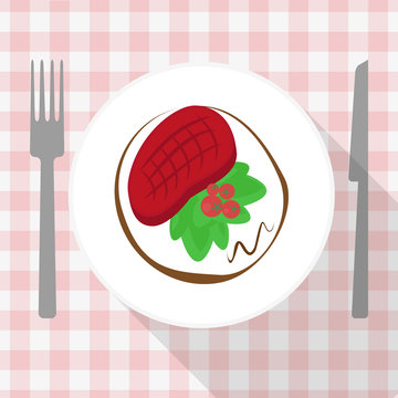Beef steak with calad and tomato on white plate