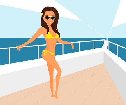 Brunette woman wearing yellow swimsuit is posing on the yacht