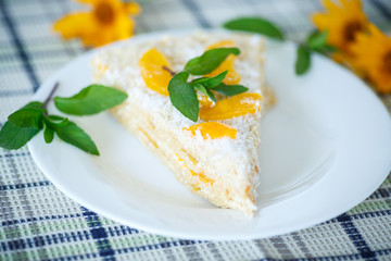 Waffle cake with peaches and cream