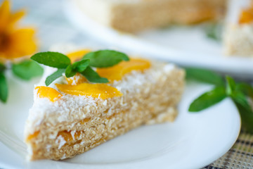 Waffle cake with peaches and cream