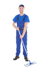 Confident Cleaner Mopping Over White Background