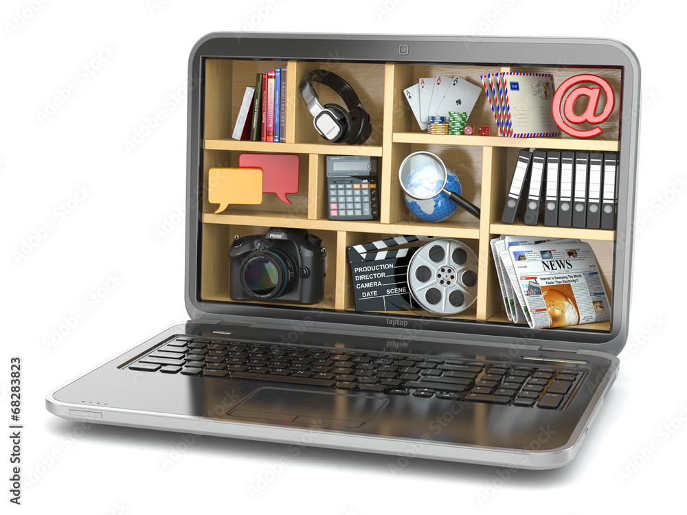 Poster Cloud computing concept. Laptop's software and capabilities.