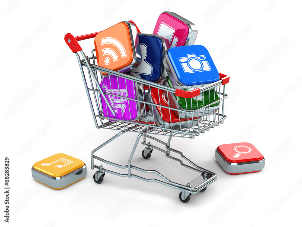Poster Apps icons in shopping cart. Store of  computer software.