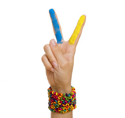 Ukrainian patriotic theme: Hand Giving Peace (Victory) Sign with