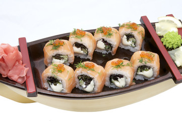 Japanese sushi fish and seafood on white background