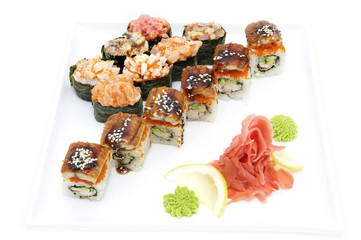 Japanese sushi fish and seafood on white background