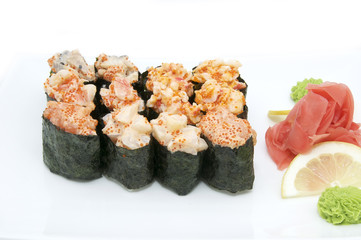 Japanese sushi fish and seafood on white background