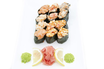 Japanese sushi fish and seafood on white background