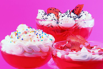 Delicious dessert with jelly and cream closeup