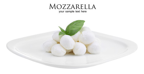 Tasty mozzarella cheese with basil on plate isolated on white - obrazy, fototapety, plakaty