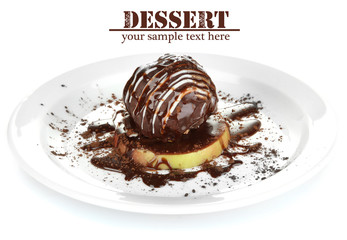 Chocolate dessert on big plate isolated on white