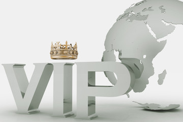 VIP abbreviation with a crown. 3D text on globe background © 3ddock