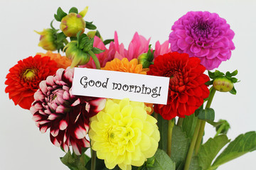 Good morning card with colorful dahlia flowers
