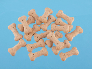 dog biscuits in the shape of boneson a blue background