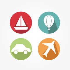 Icons set with means of transport - car, plane, balloon, ship