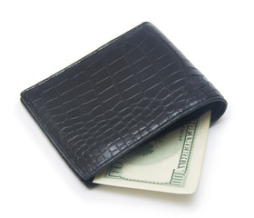 Leather wallet with money isolated on white background