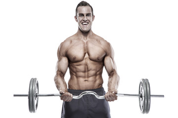 Fototapeta na wymiar Muscular bodybuilder guy doing exercises with dumbbells over whi