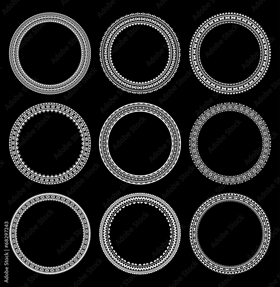 Poster set of 9 round frames on black background