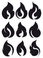 Set of 9 black fires for design or tattoo