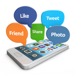 smartphone with social media bubbles (like, tweet, friend, share
