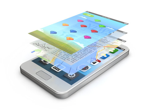 white smartphone app screens (game, news, gps)