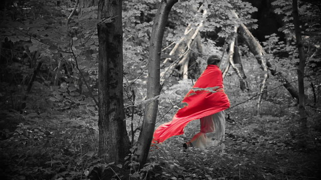 Beautiful red riding hood walking in forest, super slow motion