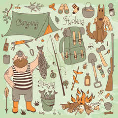 Fishing, hunting, camping set.