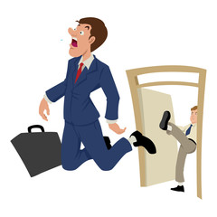 Cartoon illustration of a businessman being kicked out