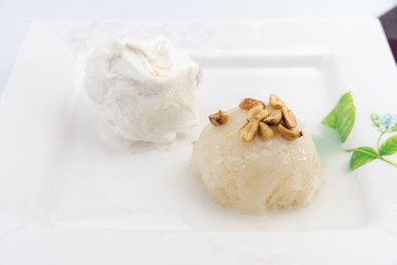 Sticky Rice with coconut milk on top and bean with ice-cream bes