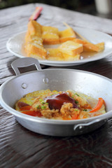 Breakfast with fried eggs pan