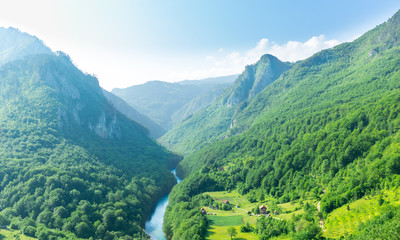 Mountain valley with beautiful blue sky - obrazy, fototapety, plakaty