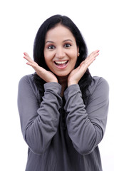 Obraz premium Surprised young woman against white background