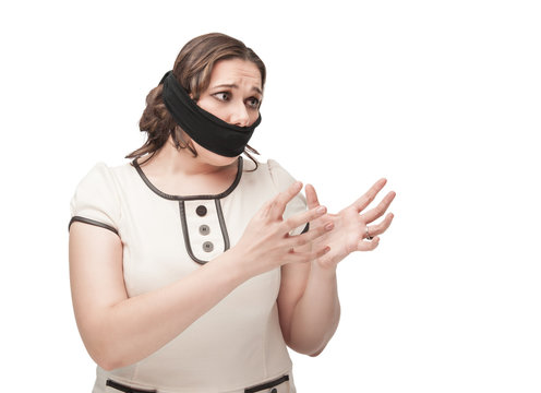 Plus size woman gagged stretching hands to something