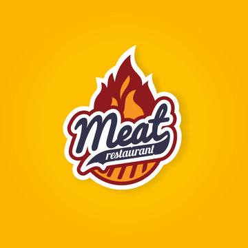 Retro barbecue grill flame label design concept