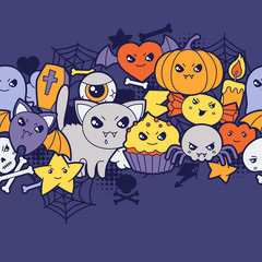 Seamless halloween kawaii pattern with cute doodles.