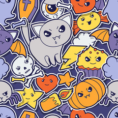 Seamless halloween kawaii pattern with sticker cute doodles.