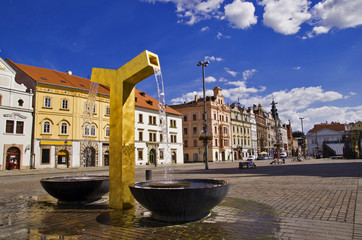 Golden fountain on the square in Pilsen