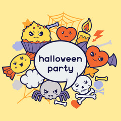 Obraz na płótnie Canvas Halloween kawaii greeting card with cute doodles.