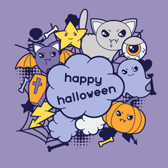 Halloween kawaii greeting card with cute doodles.