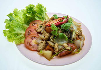 Chicken with black pepper sauce on white background