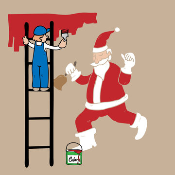 Man on ladder painting Santa on wall