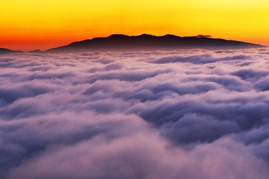 Mountain sea of clouds in sunrise light